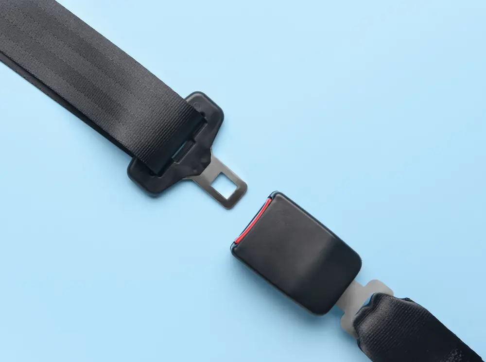Complete seat belt assembly laid flat showing webbing, latch tongue and matching buckle on a plain background